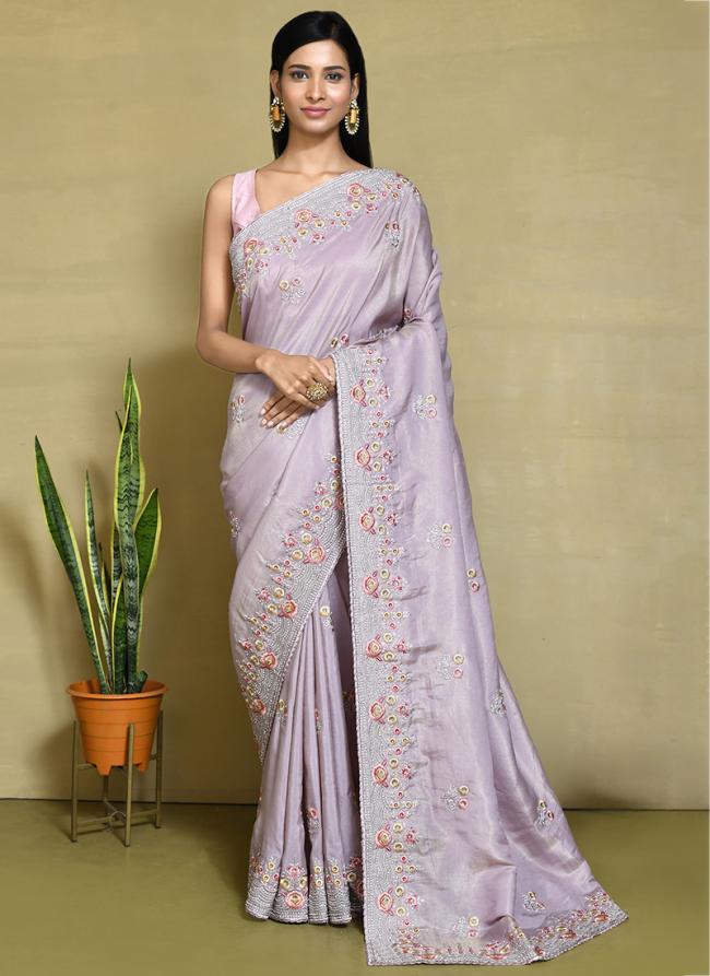 Satin Silk Violet Wedding Wear Embroidery Work Saree